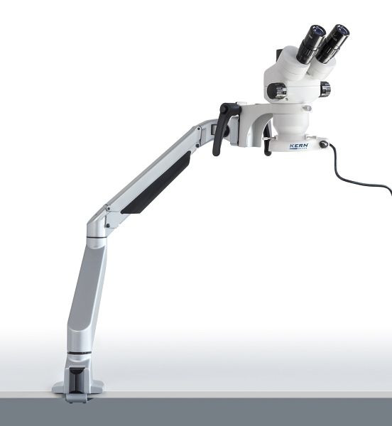 Juego de microscopio estereoscópico KERN Optics, Reino Unido, soporte de brazo articulado con resorte (abrazadera), Greenough 0,7 x - 4,5 x, trinocular, OZM 983UK