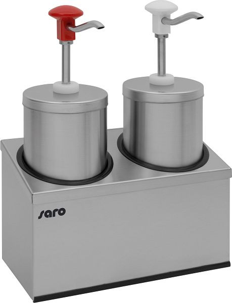 Dispensador de salsa Saro modelo PD-005 que incluye soporte para dos dispensadores de salsa, acero inoxidable, cromo, plástico, 421-1015