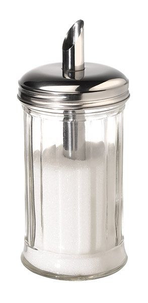 Dispensador de azúcar APS, Ø 7,5 cm, altura: 17 cm, 320 ml, recipiente de cristal, tapa de rosca de acero inoxidable, con tubo dosificador, 40506