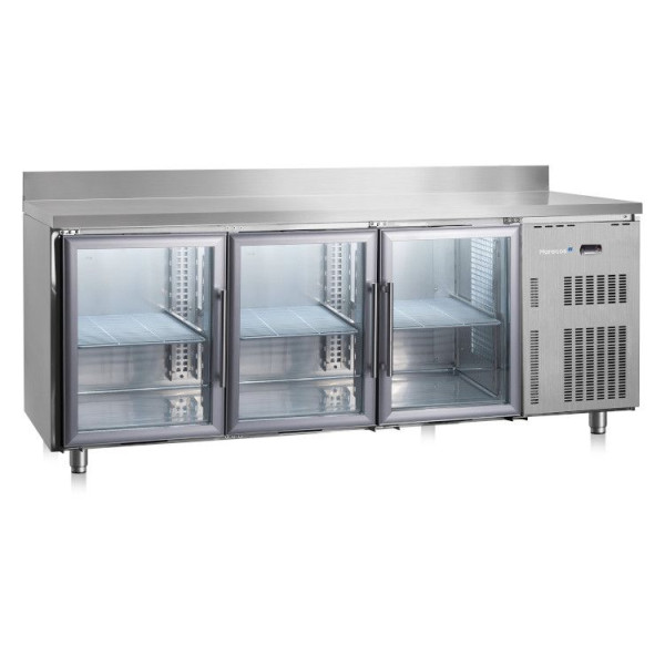 Marecos Mesa refrigerada de acero inoxidable Softline de 600 mm de profundidad con 3 puertas de vidrio y respaldo, 222.018