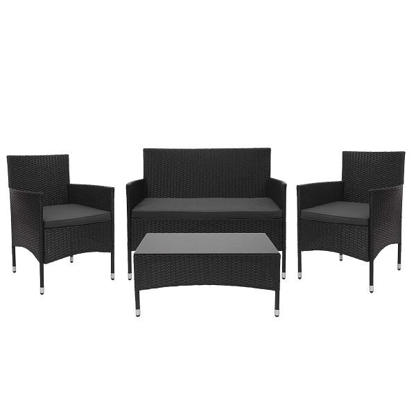 Mendler poly rattan set HWC-F55, juego de balcón/jardín/lounge sofá grupo de asientos, negro, cojines gris oscuro, 69814